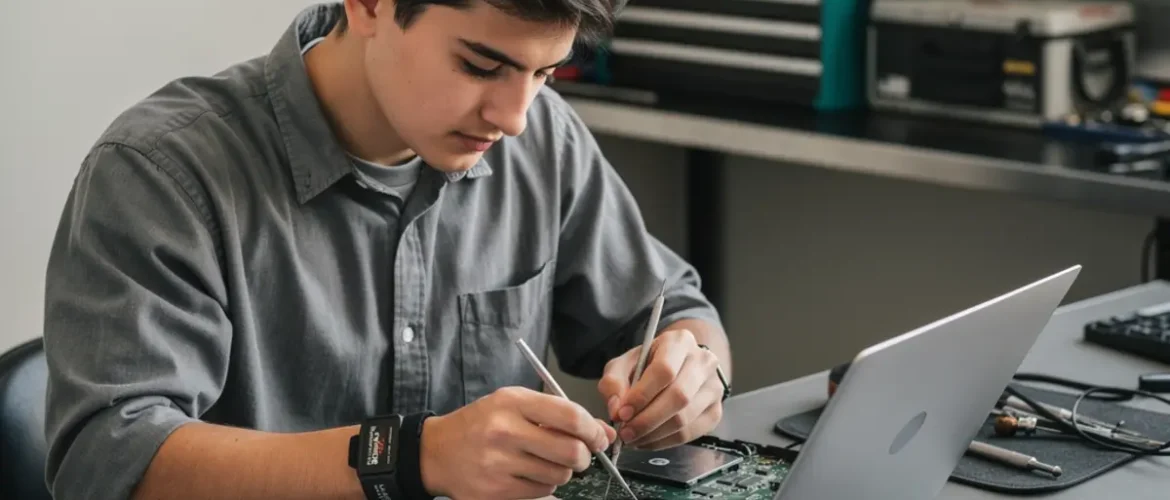 Phone repair training scene illustrating beginner phone repair course syllabus: what you learn week by week with real devices, tools, and hands-on learning context