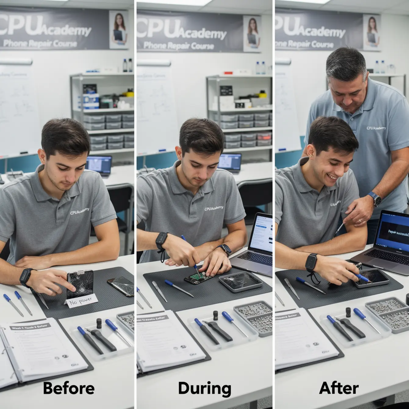Beginner Phone Repair Course Syllabus: What You Learn Week by Week — body photo 1 showing Before / During / After 3-Frame Repair Set