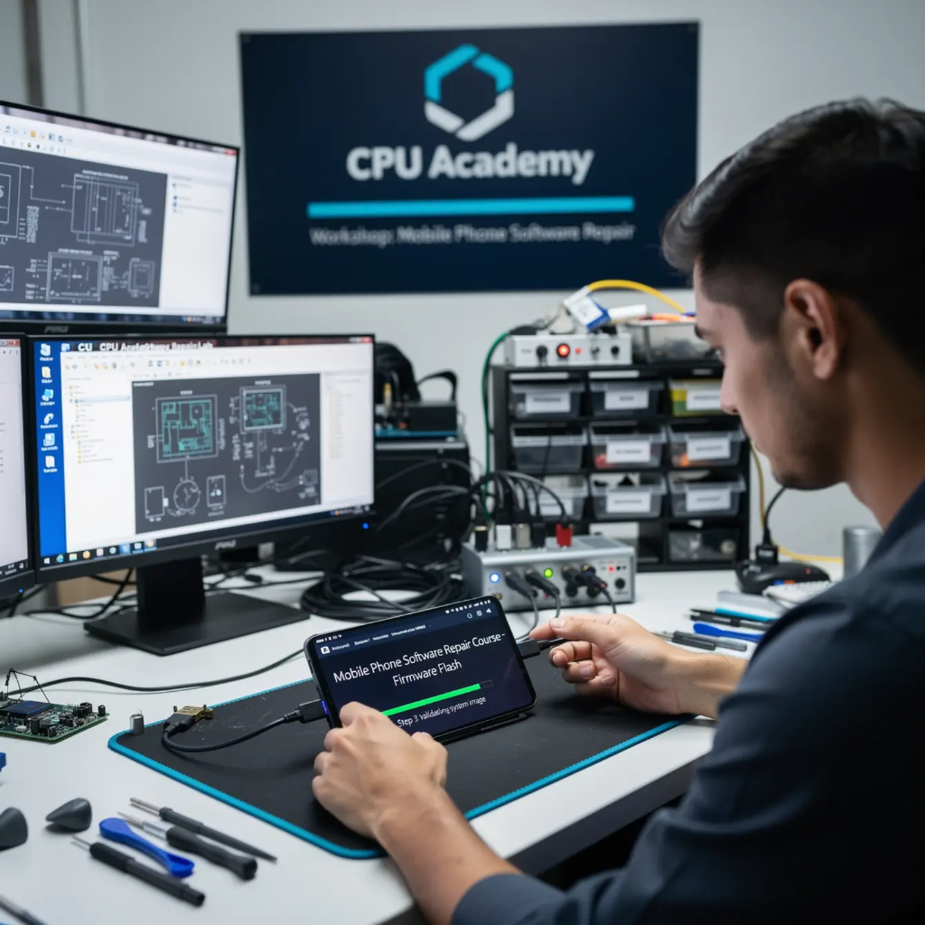 Mobile Phone Software Repair Course - Data Privacy in Software Repair: Simple US Rules Techs Should Follow — body photo 1 showing Firmware Flashing Workstation