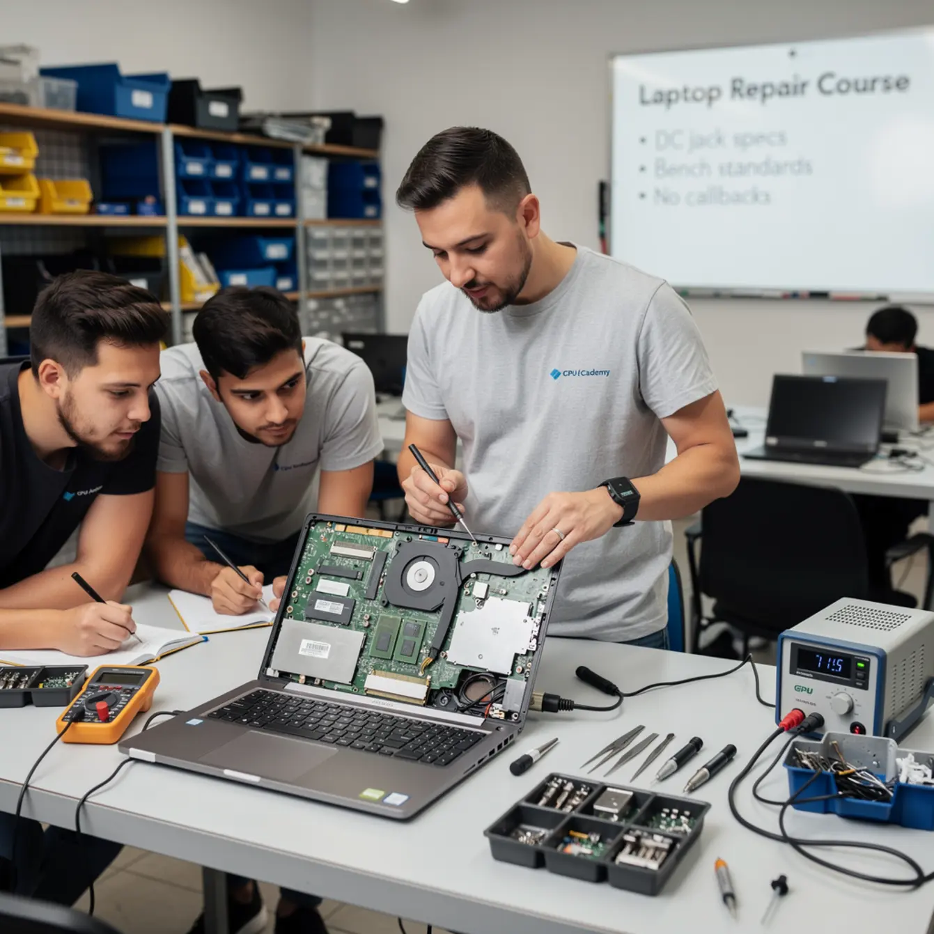 Laptop Repair Course - DC Jack Specs and Rework: Bench Standards That Prevent Callbacks — body photo 1 showing Laptop Open Bench Repair