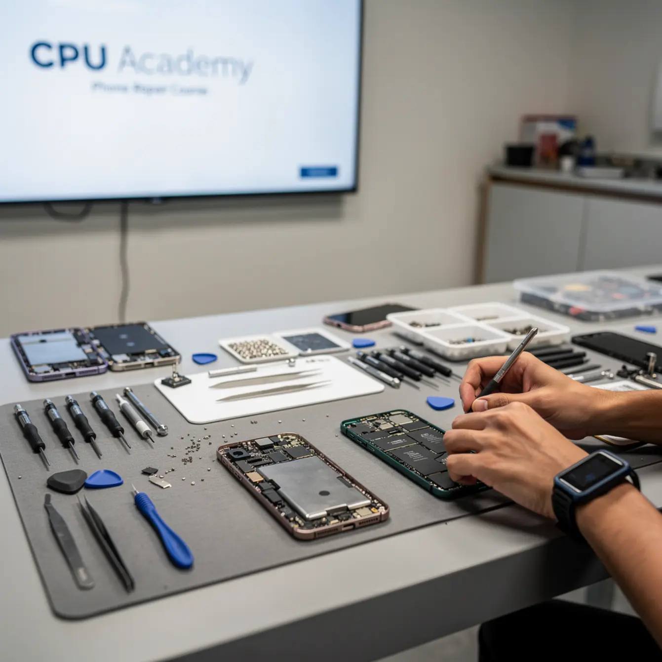 iPhone Repair Course vs Android Repair Course: Which Should You Start With? — body photo 1 showing Wide Repair Bench Hero
