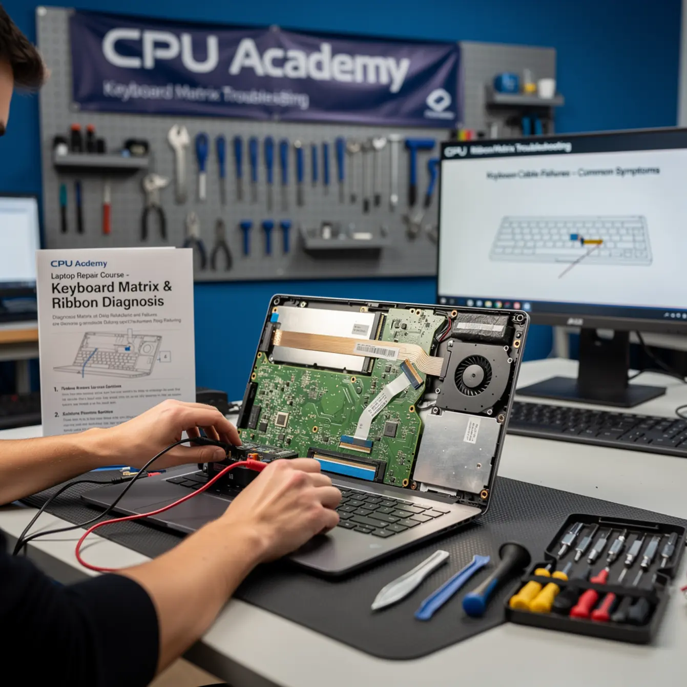 Laptop Repair Course - Keyboard Matrix and Ribbon Cable Failures: Diagnosis for Beginners — body photo 1 showing Laptop Open Bench Repair