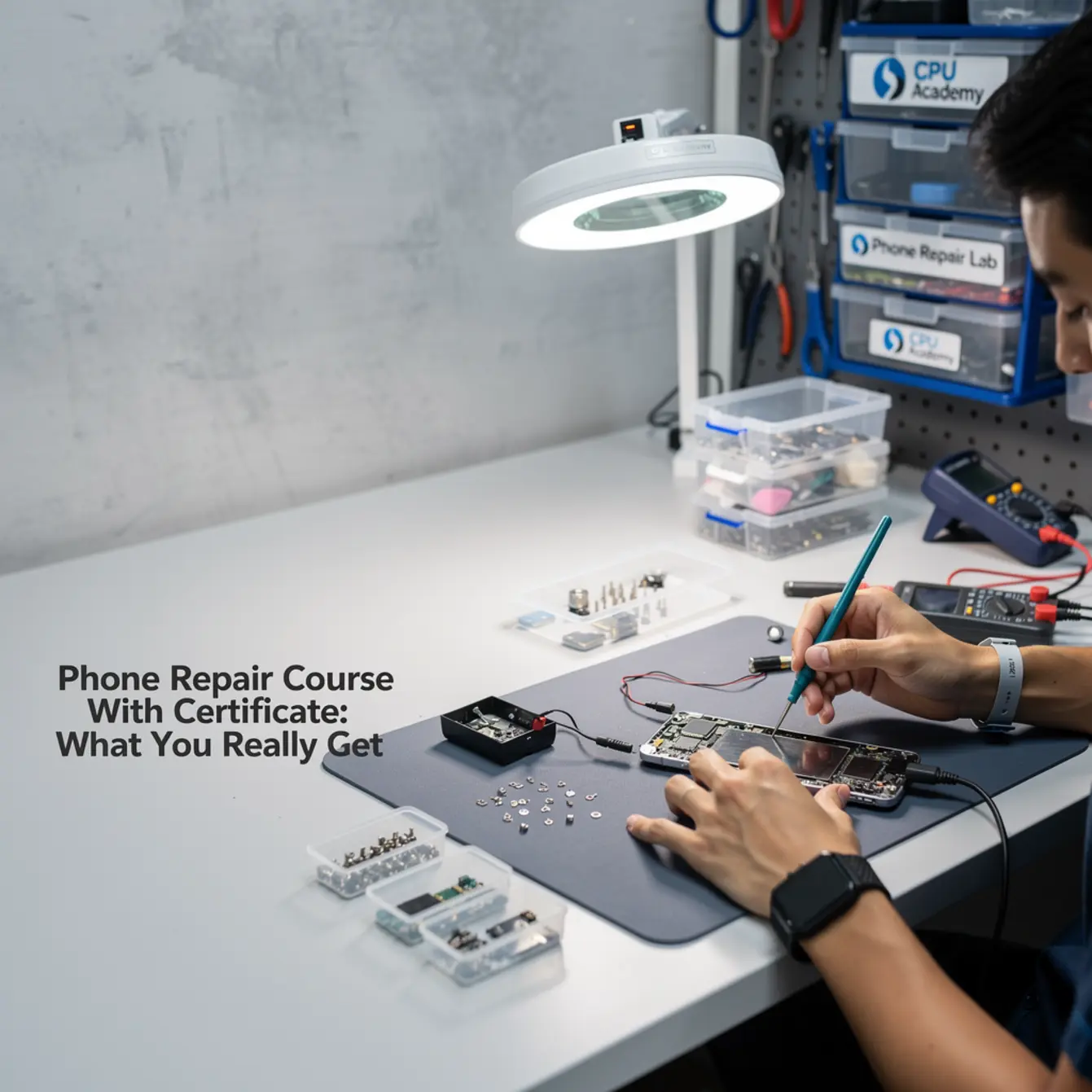 Phone Repair Course With Certificate: What You Really Get — body photo 1 showing Wide Repair Bench Hero