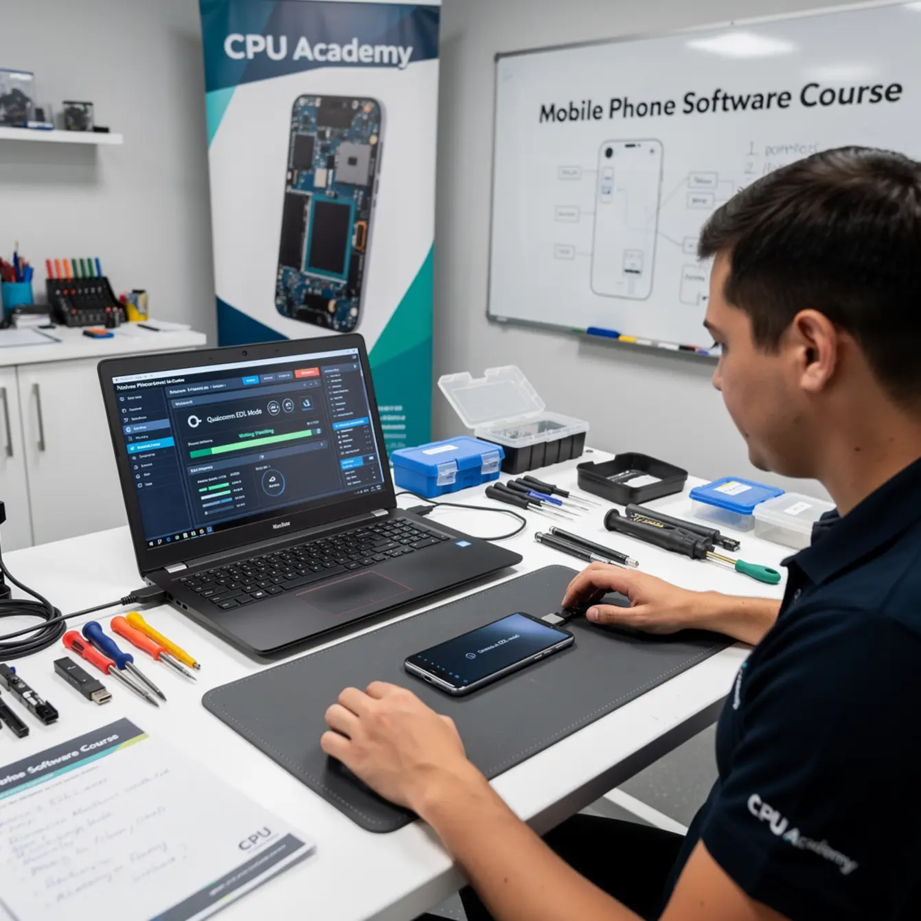 Mobile Phone Software Course - Qualcomm EDL Mode: When It Helps and When to Walk Away — body photo 1 showing Firmware Flashing Workstation