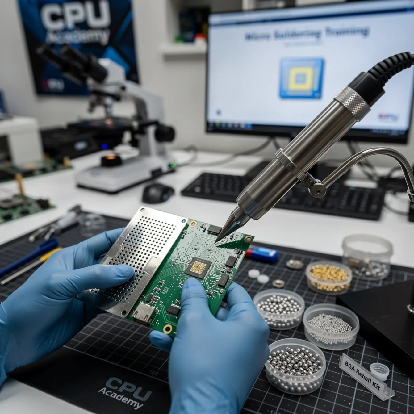 Micro Soldering Training - Stencil Types and Reball Techniques for Beginners — body photo 1 showing Hot-Air Rework Action Shot