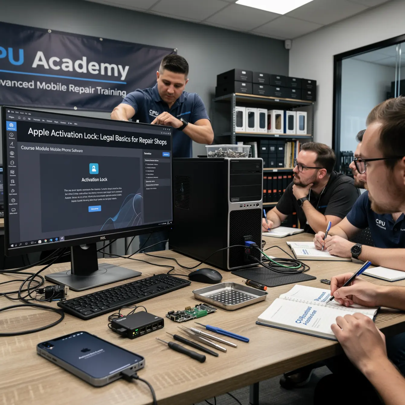 Mobile Phone Software Course - Apple Activation Lock: Legal Basics for Repair Shops — body photo 2 showing Firmware Flashing Workstation