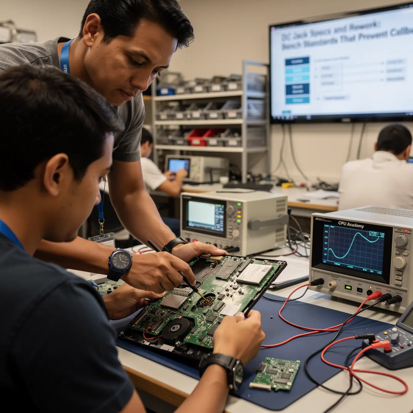 Laptop Repair Course - DC Jack Specs and Rework: Bench Standards That Prevent Callbacks — body photo 2 showing Instructor Teaching Over Shoulder