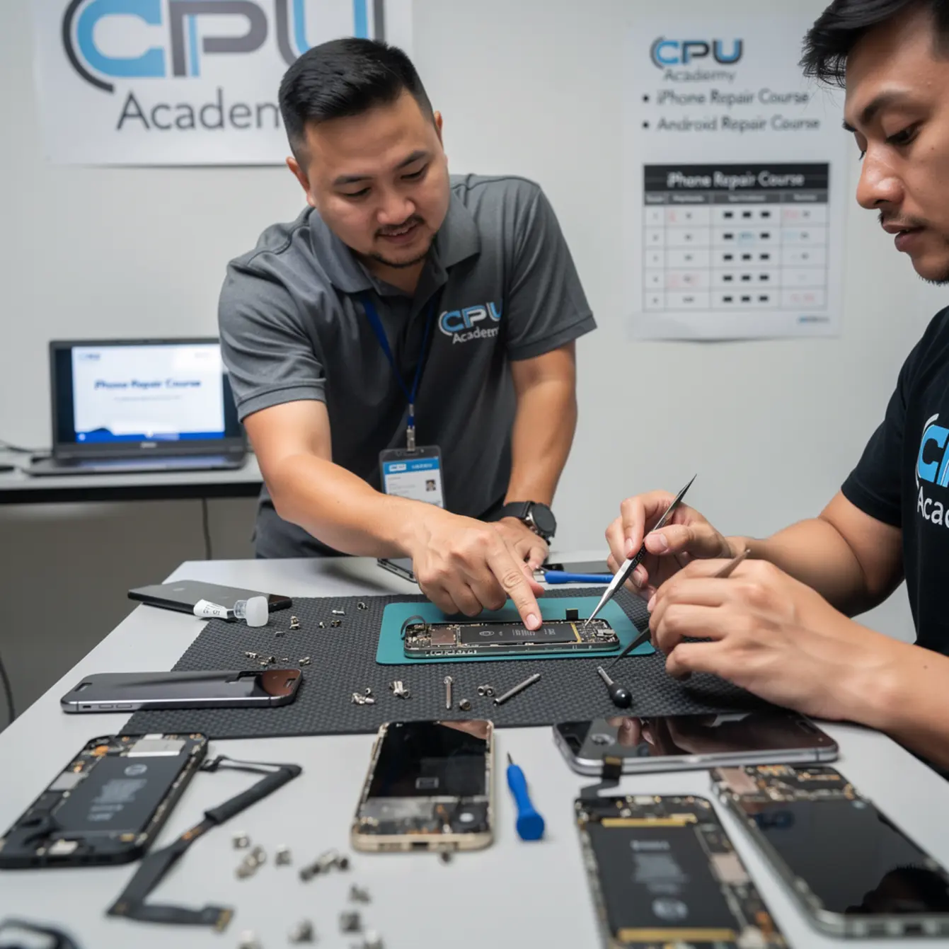 iPhone Repair Course vs Android Repair Course: Which Should You Start With? — body photo 2 showing Instructor Teaching Over Shoulder