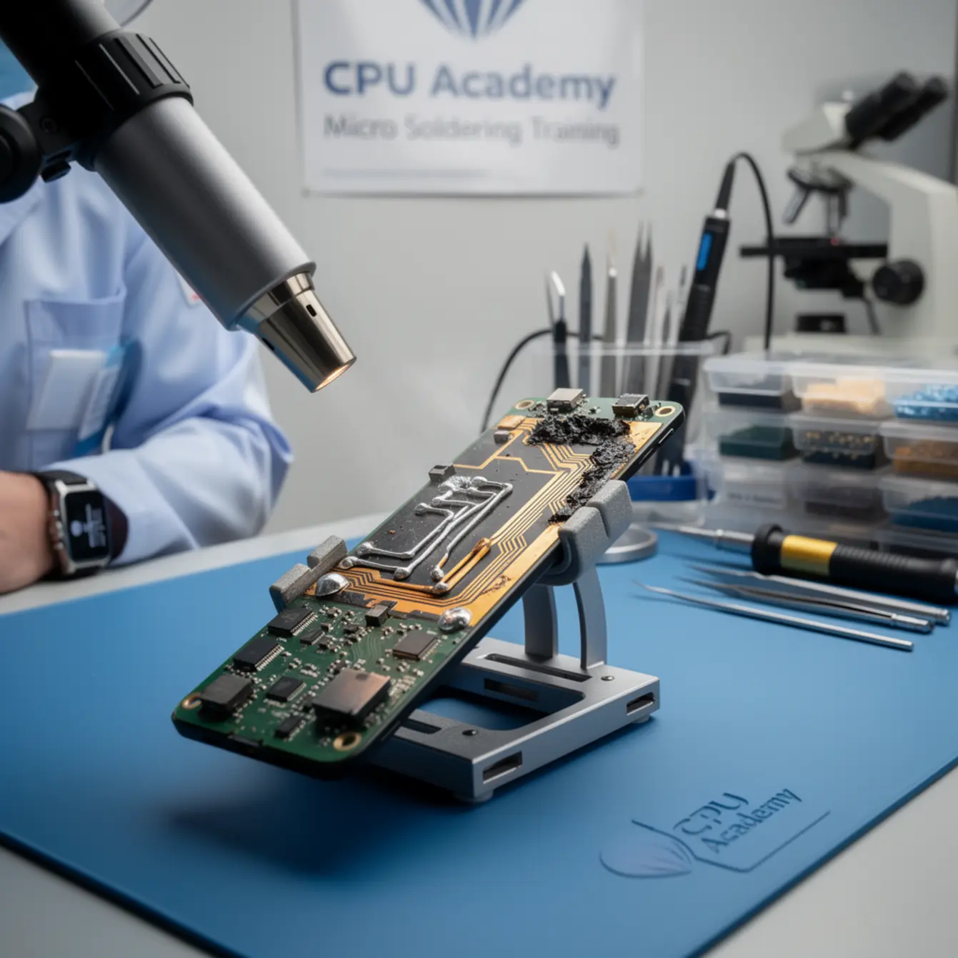 Micro Soldering Training - Jumper Wires and Trace Repair: Do This, Not That — body photo 2 showing Hot-Air Rework Action Shot