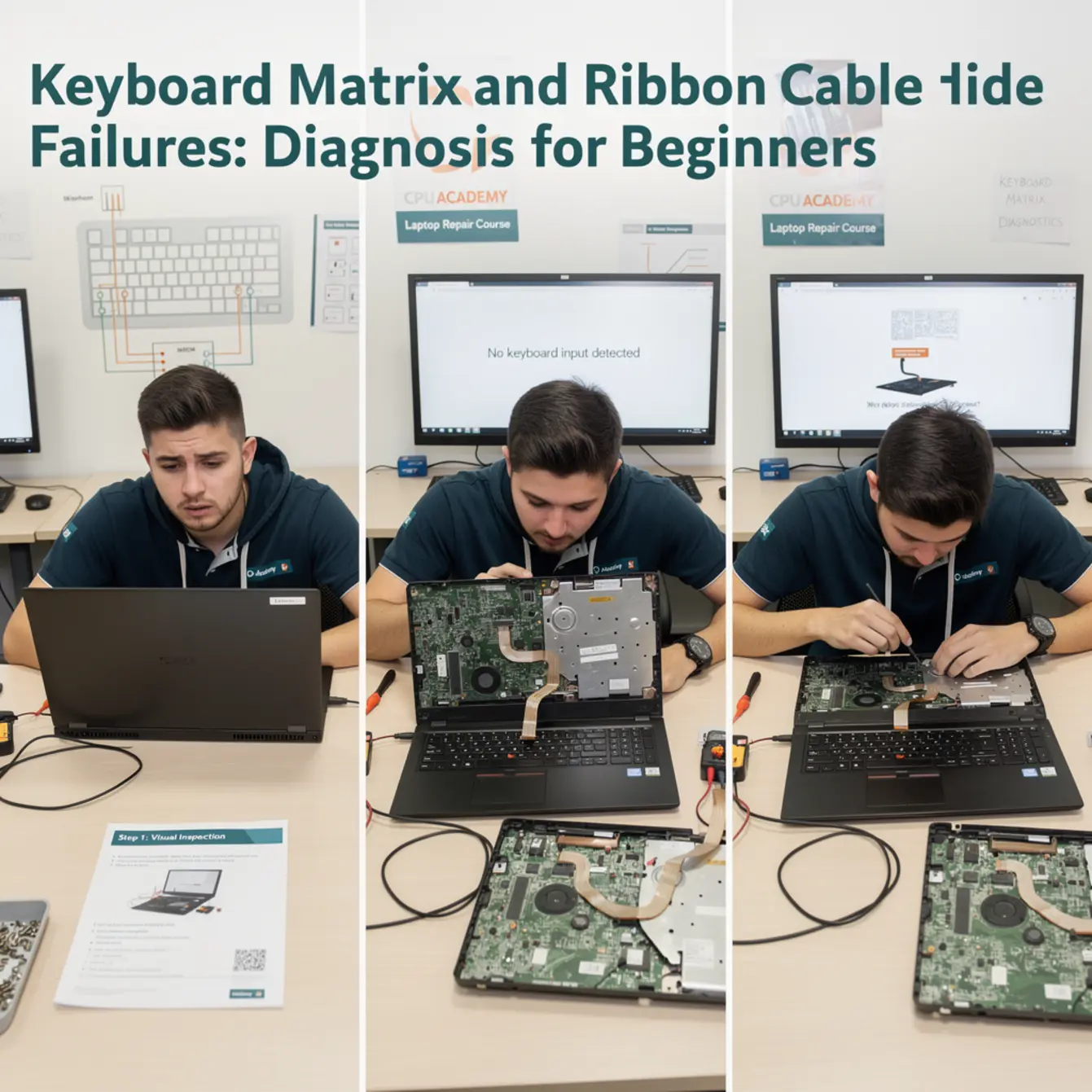 Laptop Repair Course - Keyboard Matrix and Ribbon Cable Failures: Diagnosis for Beginners — body photo 2 showing Before / During / After 3-Frame Repair Set