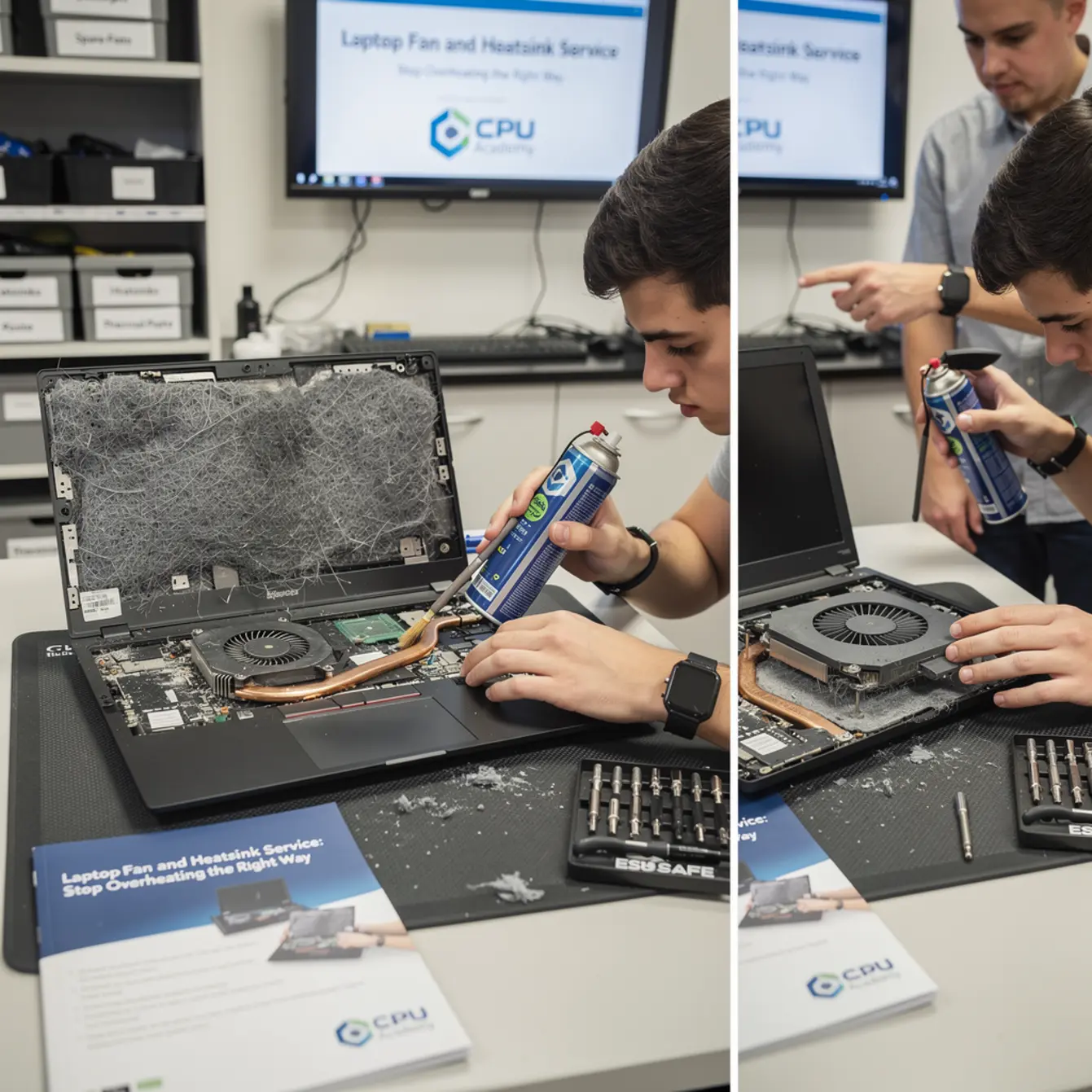 Laptop Repair Course - Laptop Fan and Heatsink Service: Stop Overheating the Right Way — body photo 2 showing Before / During / After 3-Frame Repair Set