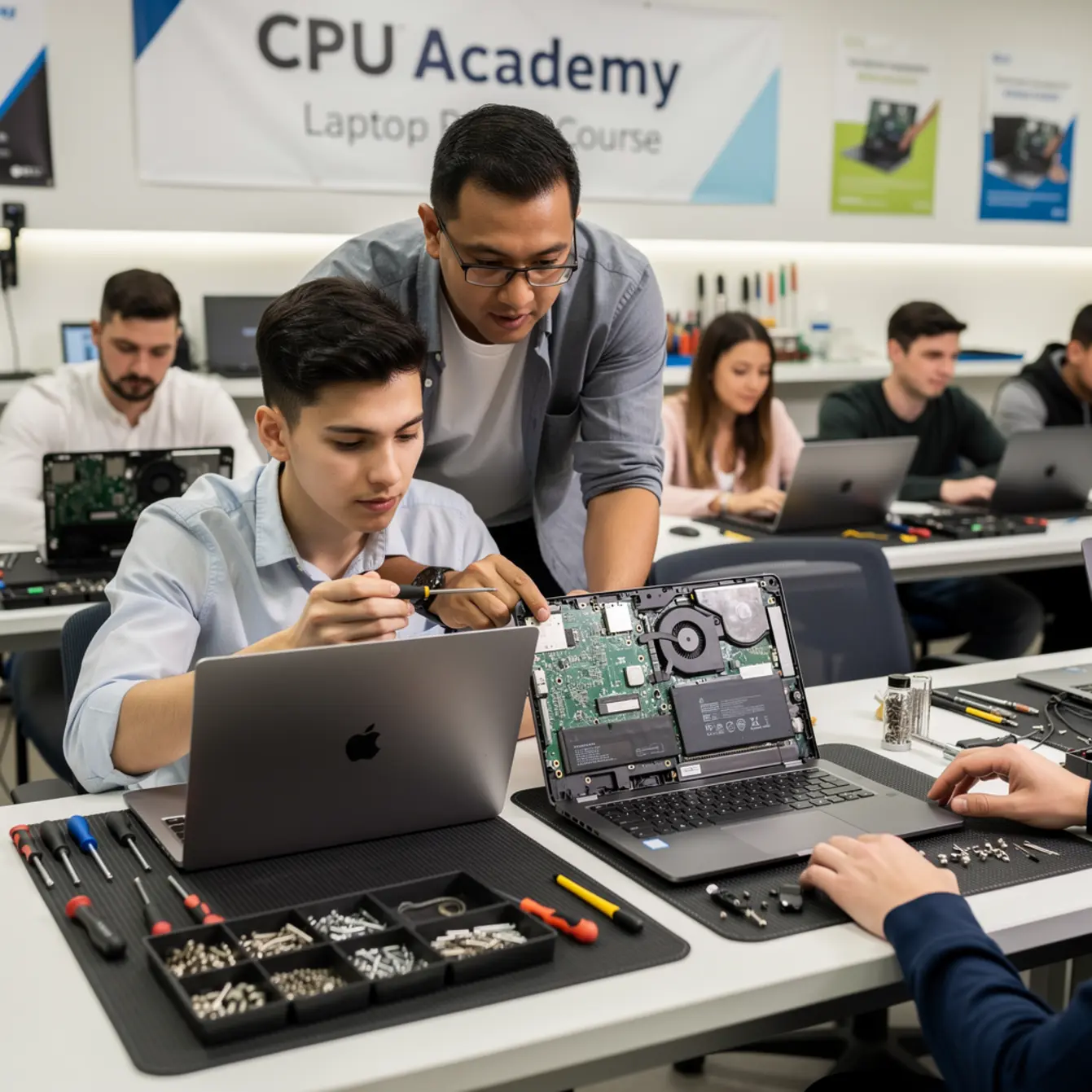 Laptop Repair Course - Mac vs PC Laptop Repair: Which Is Better for Beginners? — body photo 2 showing Instructor Teaching Over Shoulder