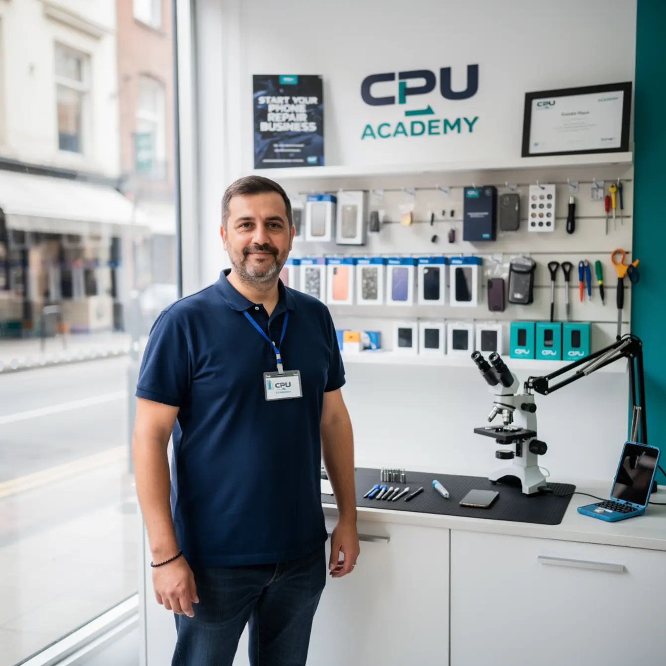 Start Phone Repair Business - Mobile Van vs Storefront Repair Business: Costs and ROI — body photo 2 showing Operator Standing in Storefront