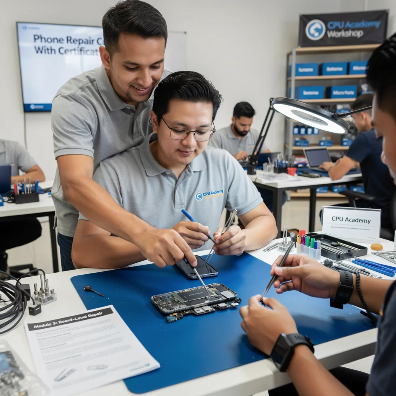 Phone Repair Course With Certificate: What You Really Get — body photo 2 showing Instructor Teaching Over Shoulder