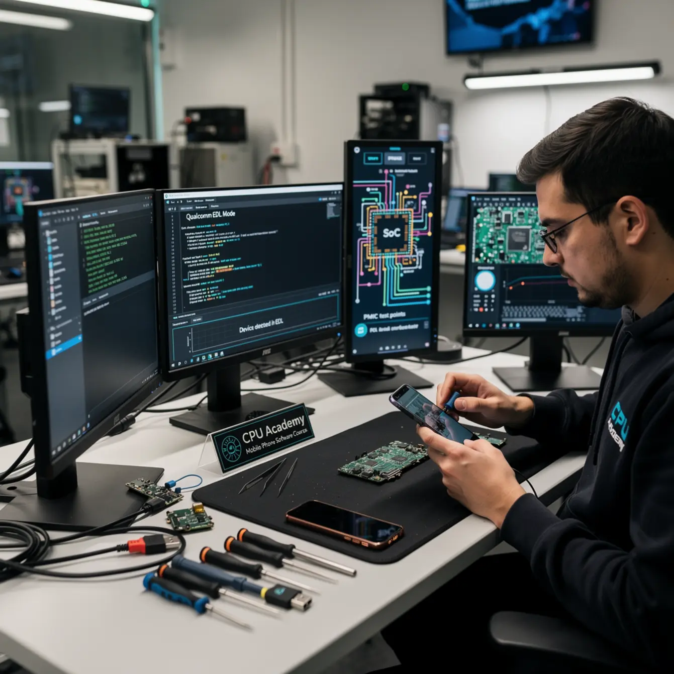Mobile Phone Software Course - Qualcomm EDL Mode: When It Helps and When to Walk Away — body photo 2 showing Scorpion / Schematic Analysis Workstation