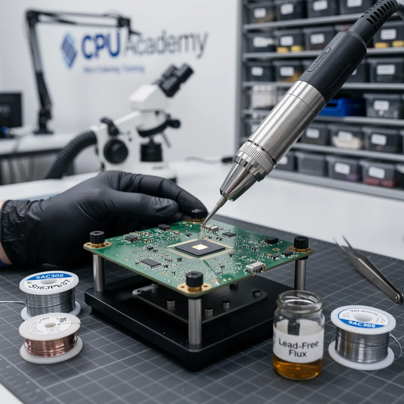 Micro Soldering Training - Solder Alloy Choices: Leaded vs Lead-Free in Repair Shops — body photo 2 showing Hot-Air Rework Action Shot
