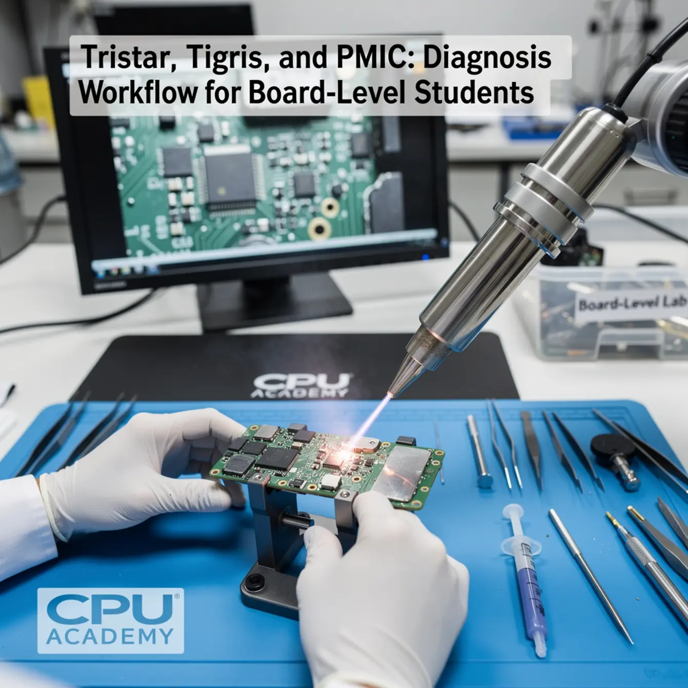 Micro Soldering Training - Tristar, Tigris, and PMIC: Diagnosis Workflow for Board-Level Students — body photo 2 showing Hot-Air Rework Action Shot