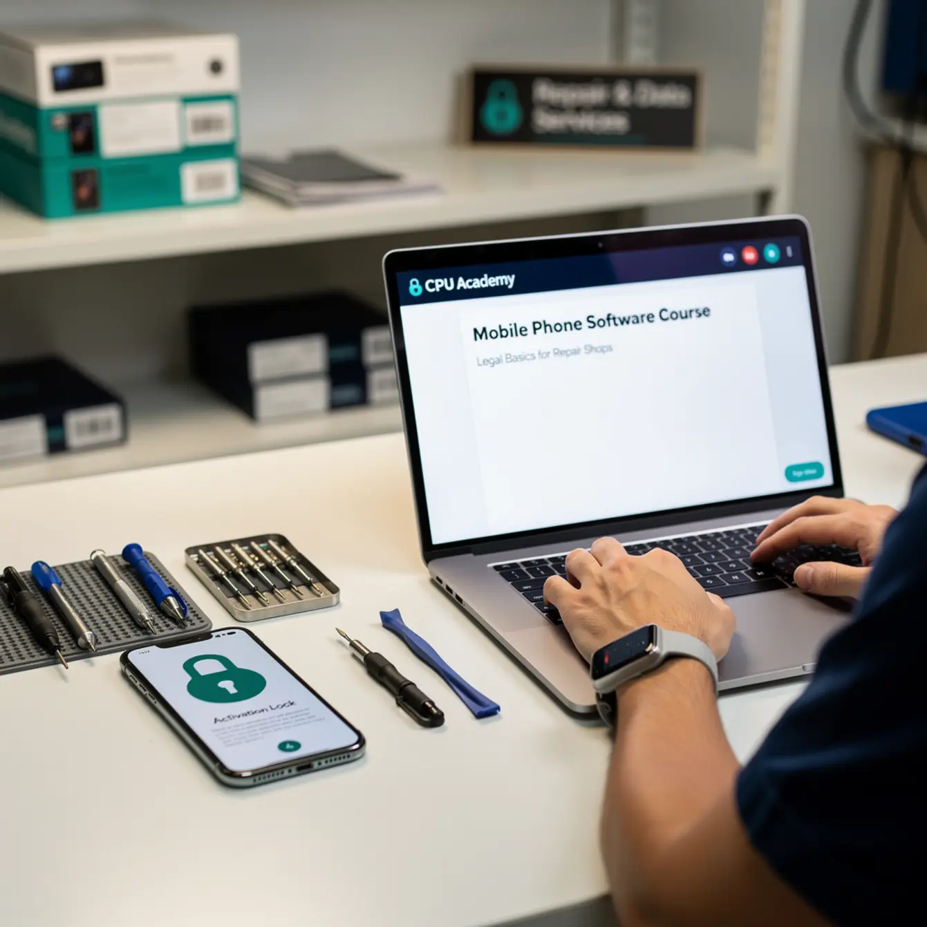 Mobile Phone Software Course - Apple Activation Lock: Legal Basics for Repair Shops — body photo 3 showing Clean Light Desk Background