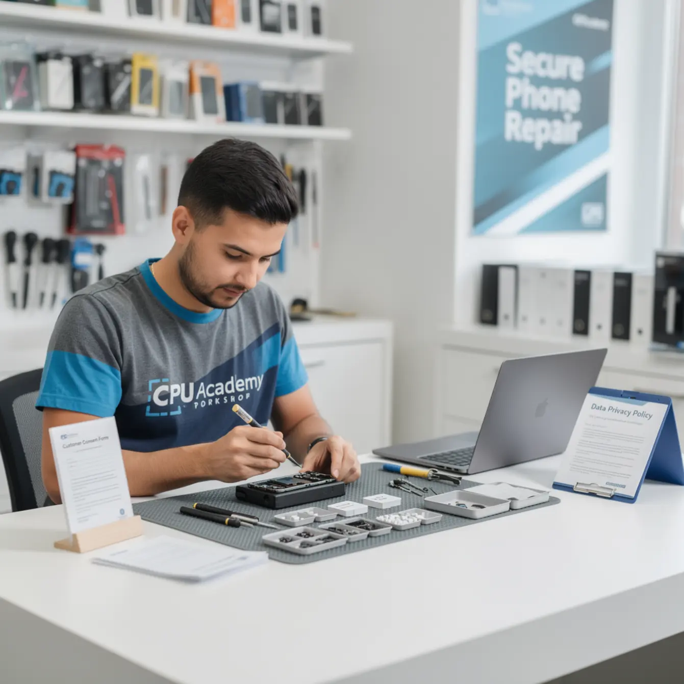 Start Phone Repair Business - Customer Data Privacy and Consent for Phone Repair Shops — body photo 3 showing Clean Light Desk Background