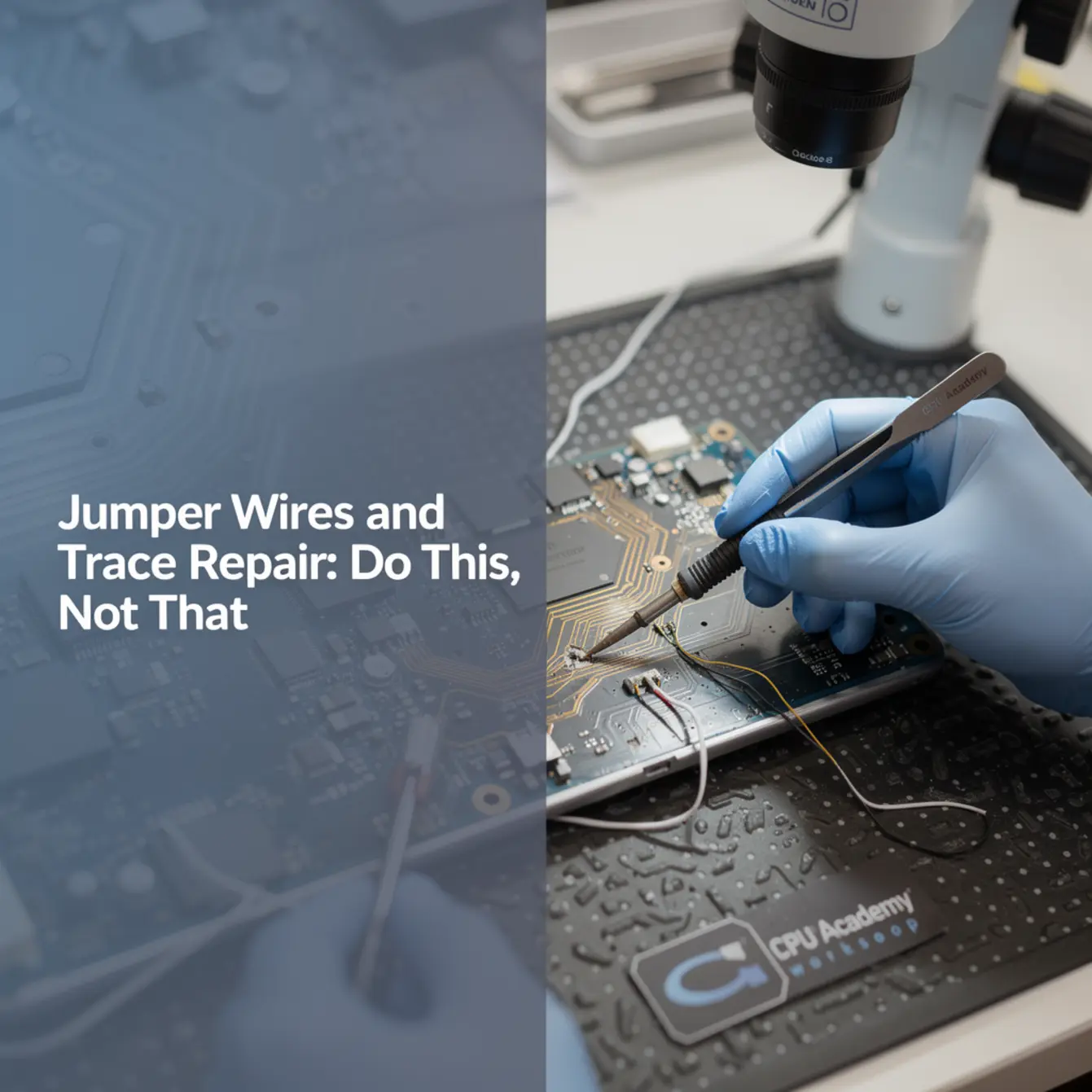 Micro Soldering Training - Jumper Wires and Trace Repair: Do This, Not That — body photo 3 showing Microscope/Board Texture Background