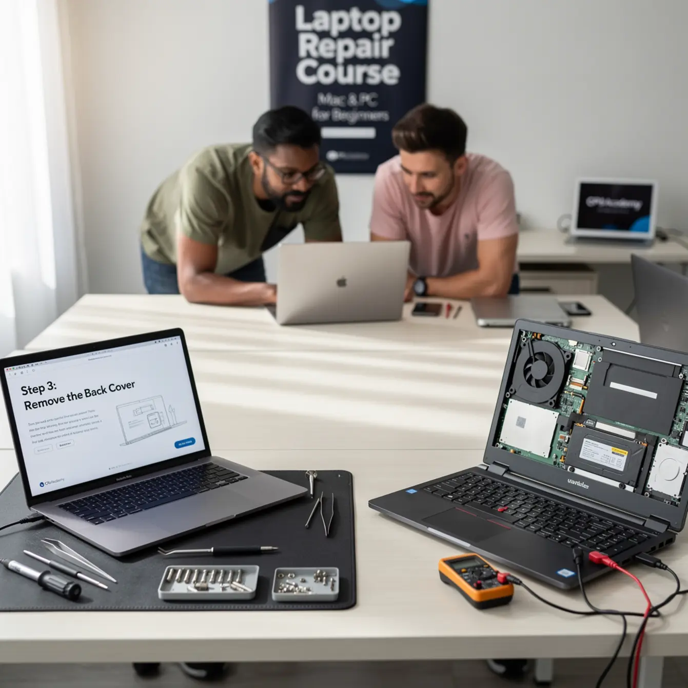 Laptop Repair Course - Mac vs PC Laptop Repair: Which Is Better for Beginners? — body photo 3 showing Clean Light Desk Background