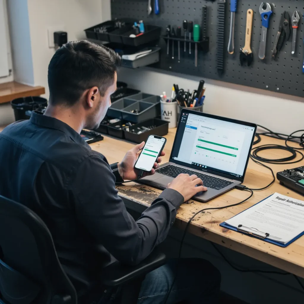 Software repair workstation showing mobile phone software repair course workflow with a connected smartphone and troubleshooting screen