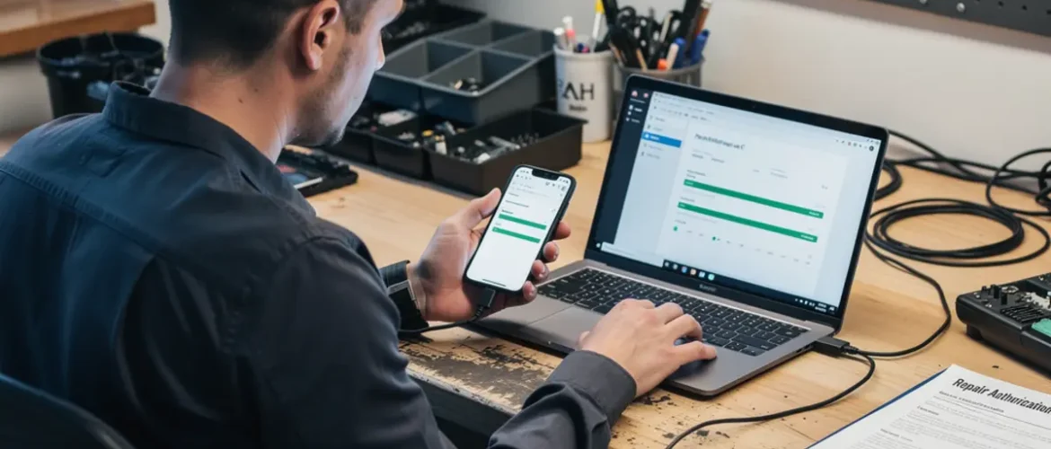 Software repair workstation showing mobile phone software repair course workflow with a connected smartphone and troubleshooting screen