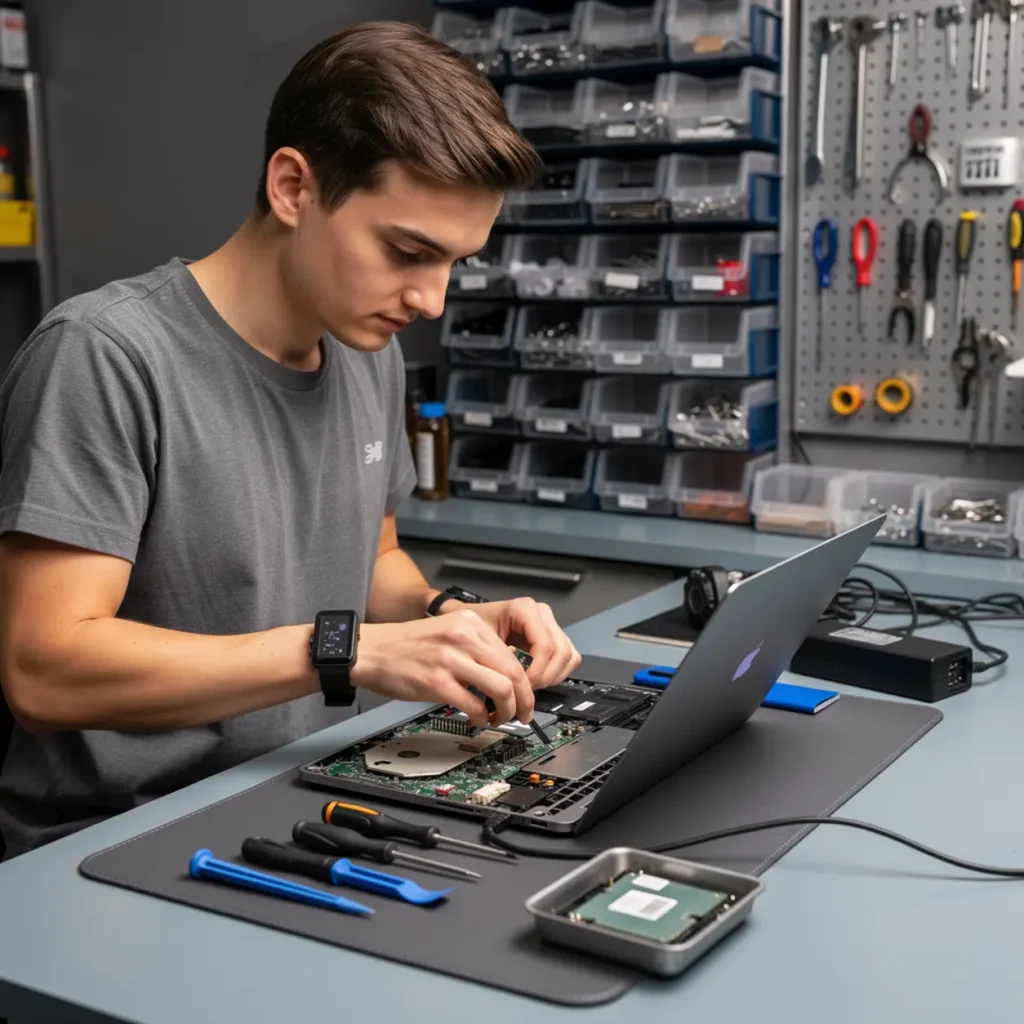 Laptop repair bench illustrating dc jack specs and rework: bench standards that prevent callbacks with open device, tools, and realistic technician workflow