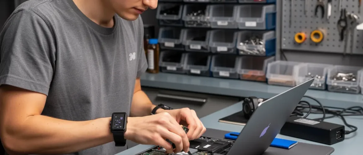 Laptop repair bench illustrating dc jack specs and rework: bench standards that prevent callbacks with open device, tools, and realistic technician workflow