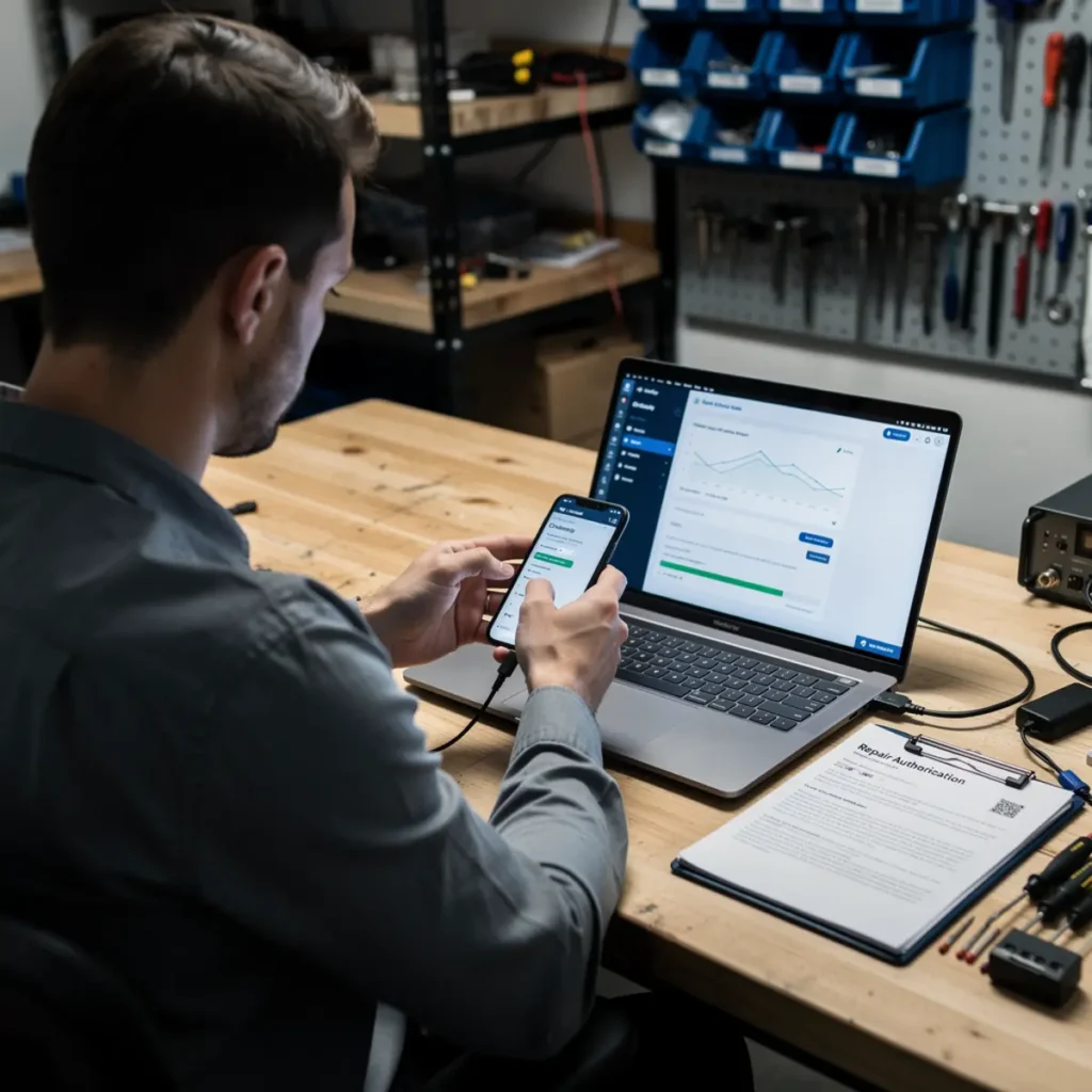 Software repair workstation showing mobile phone software course workflow with a connected smartphone and troubleshooting screen
