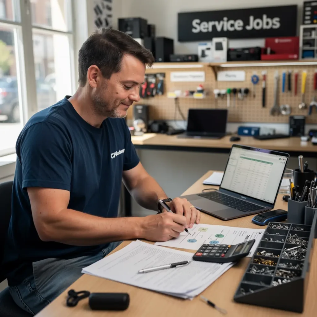Small phone repair business scene illustrating hiring your first technician: what to train, what to measure with practical shop tools and business context