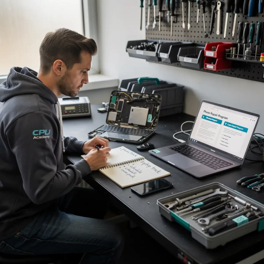 Phone repair training scene illustrating iphone repair course vs android repair course: which should you start with? with real devices, tools, and hands-on learning context