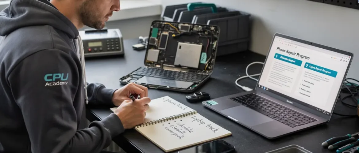 Phone repair training scene illustrating iphone repair course vs android repair course: which should you start with? with real devices, tools, and hands-on learning context