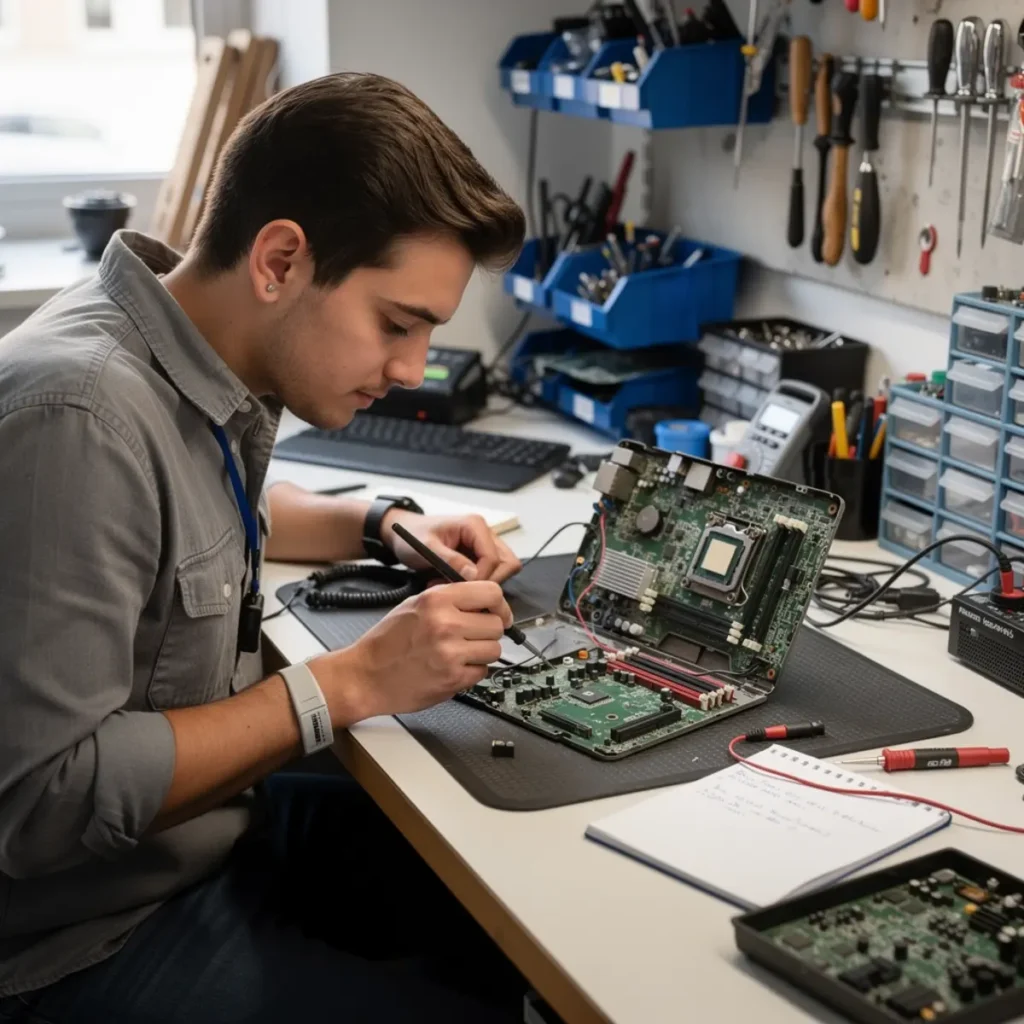 Phone repair training scene illustrating is an online phone repair course worth it in 2026? with real devices, tools, and hands-on learning context