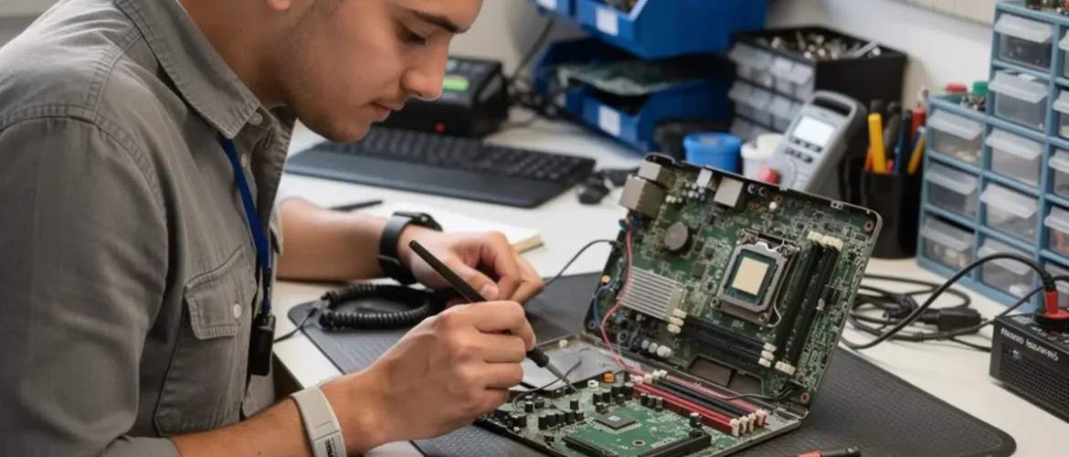Phone repair training scene illustrating is an online phone repair course worth it in 2026? with real devices, tools, and hands-on learning context