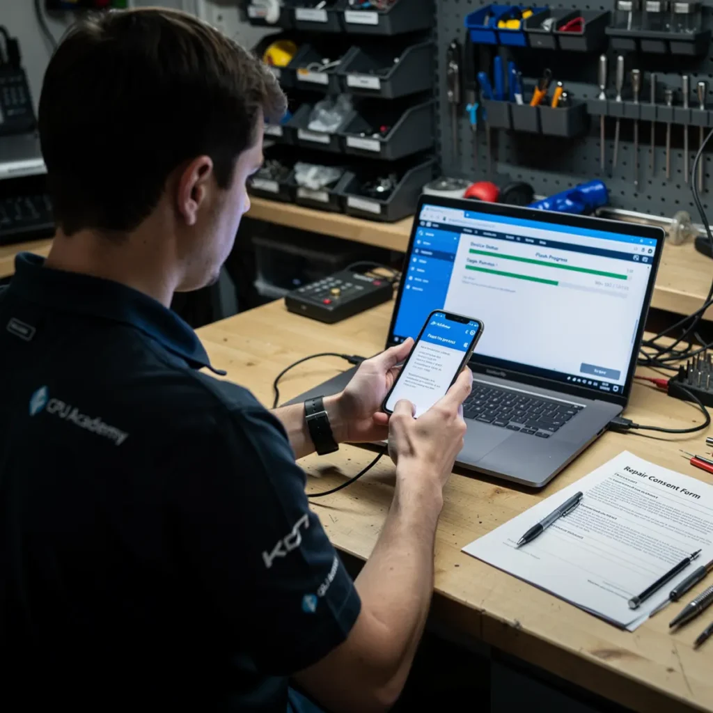Software repair workstation showing mobile phone software course workflow with a connected smartphone and troubleshooting screen