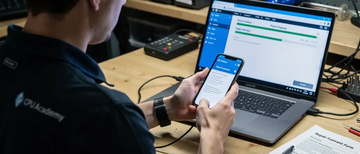 Software repair workstation showing mobile phone software course workflow with a connected smartphone and troubleshooting screen
