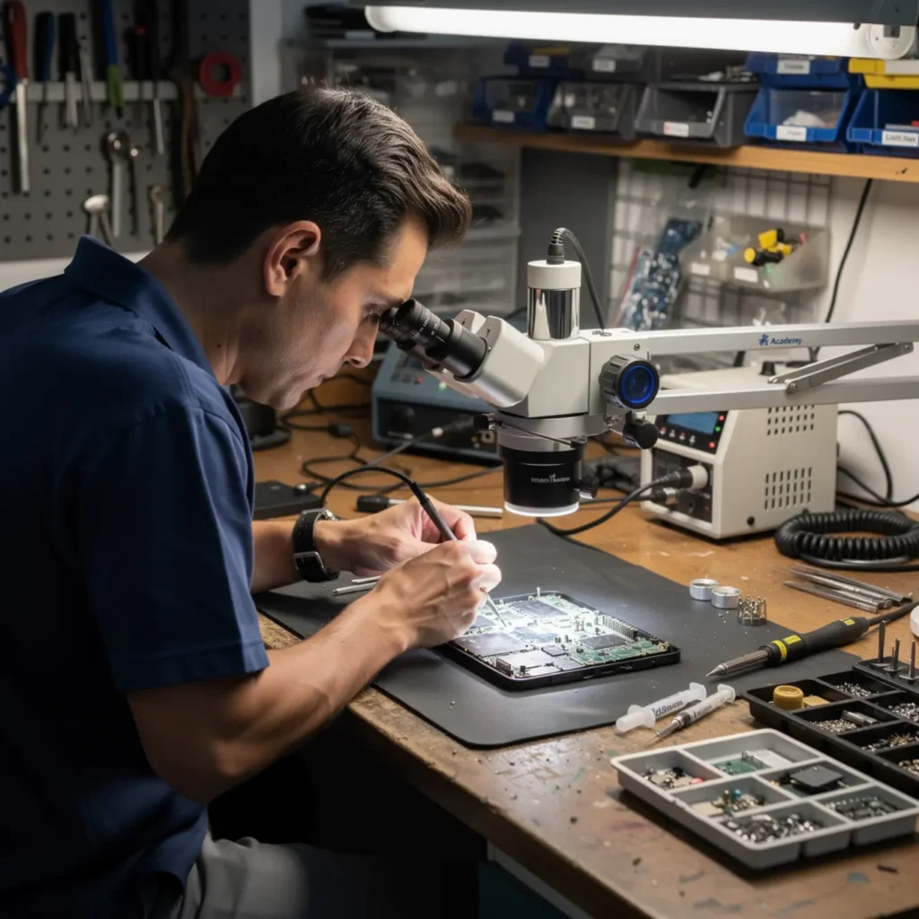 Technician performing micro soldering training under a microscope on a smartphone logic board at a real repair bench