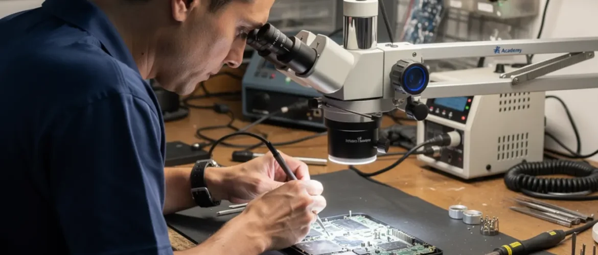 Technician performing micro soldering training under a microscope on a smartphone logic board at a real repair bench
