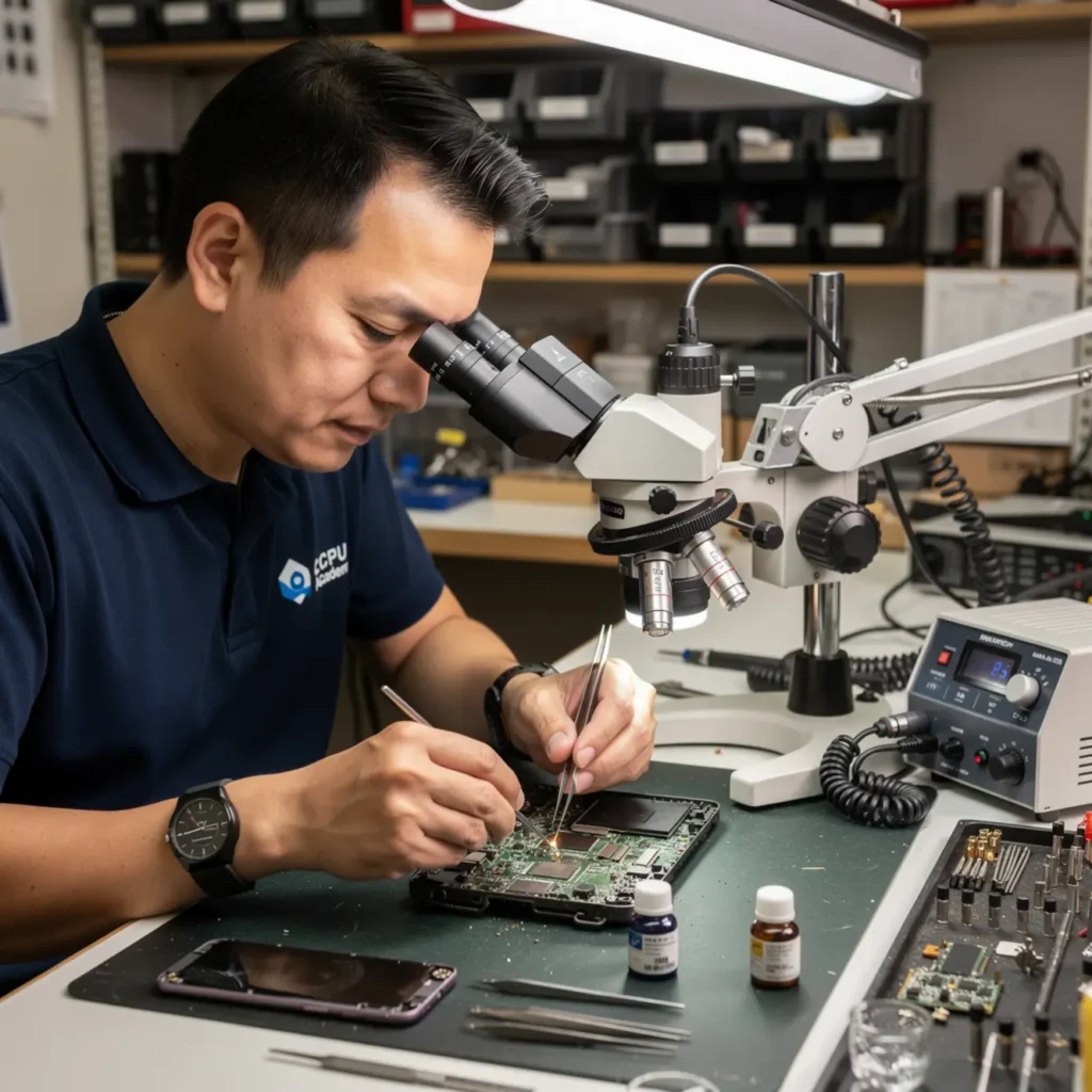 Laptop repair bench illustrating keyboard matrix and ribbon cable failures: diagnosis for beginners with open device, tools, and realistic technician workflow