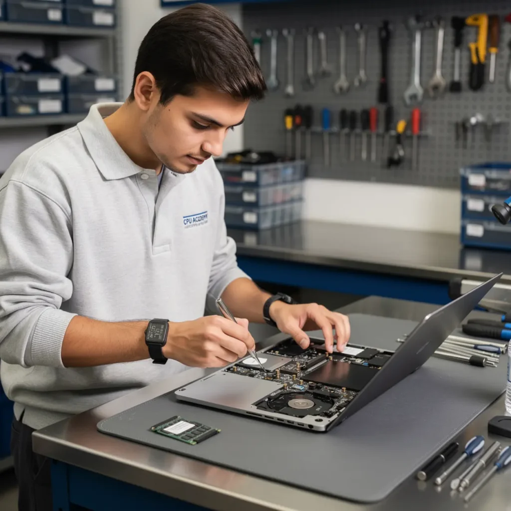 Laptop repair bench illustrating laptop fan and heatsink service: stop overheating the right way with open device, tools, and realistic technician workflow
