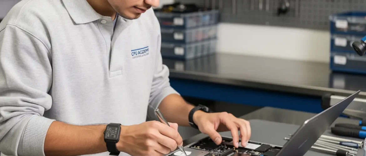 Laptop repair bench illustrating laptop fan and heatsink service: stop overheating the right way with open device, tools, and realistic technician workflow