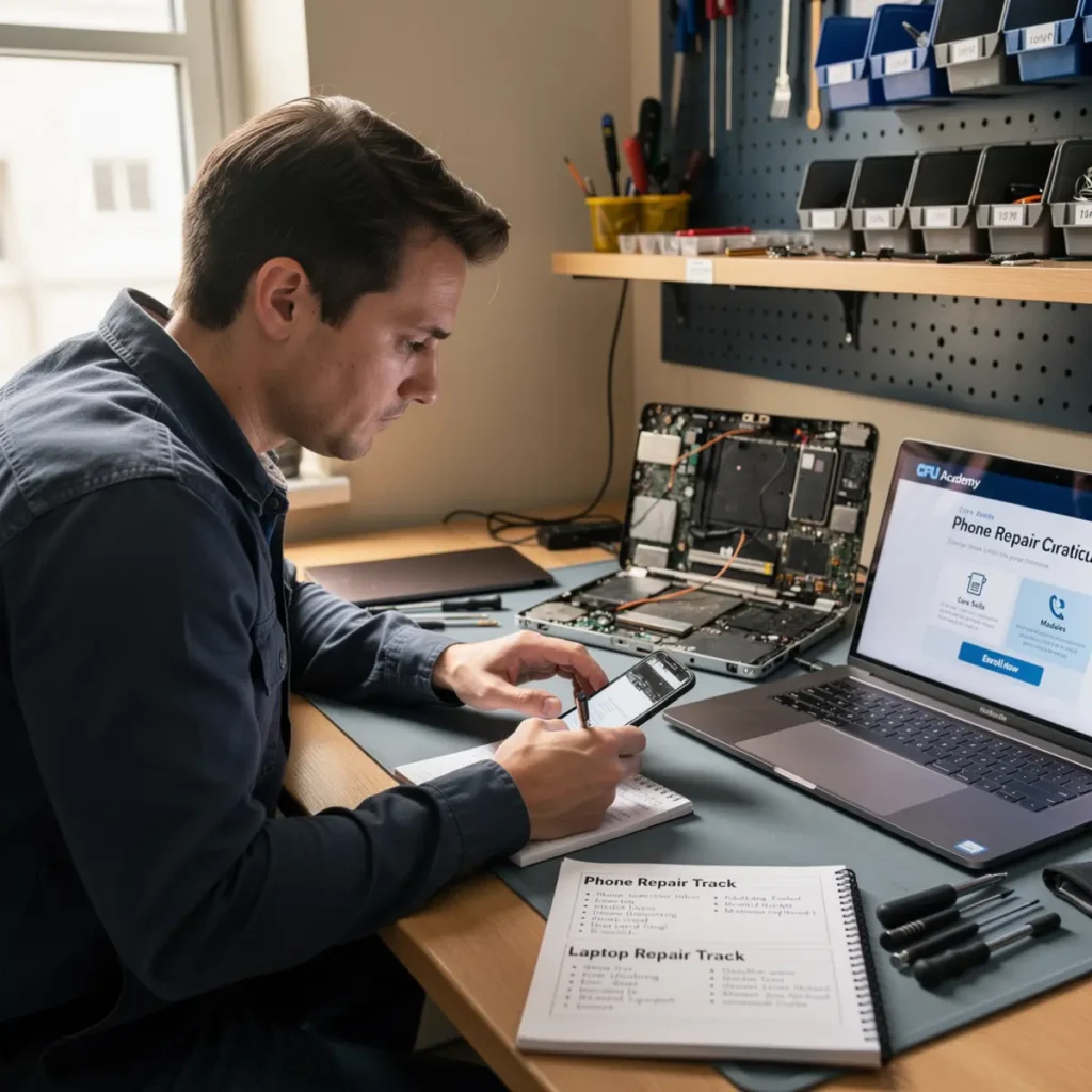 Small phone repair business scene illustrating mobile van vs storefront repair business: costs and roi with practical shop tools and business context