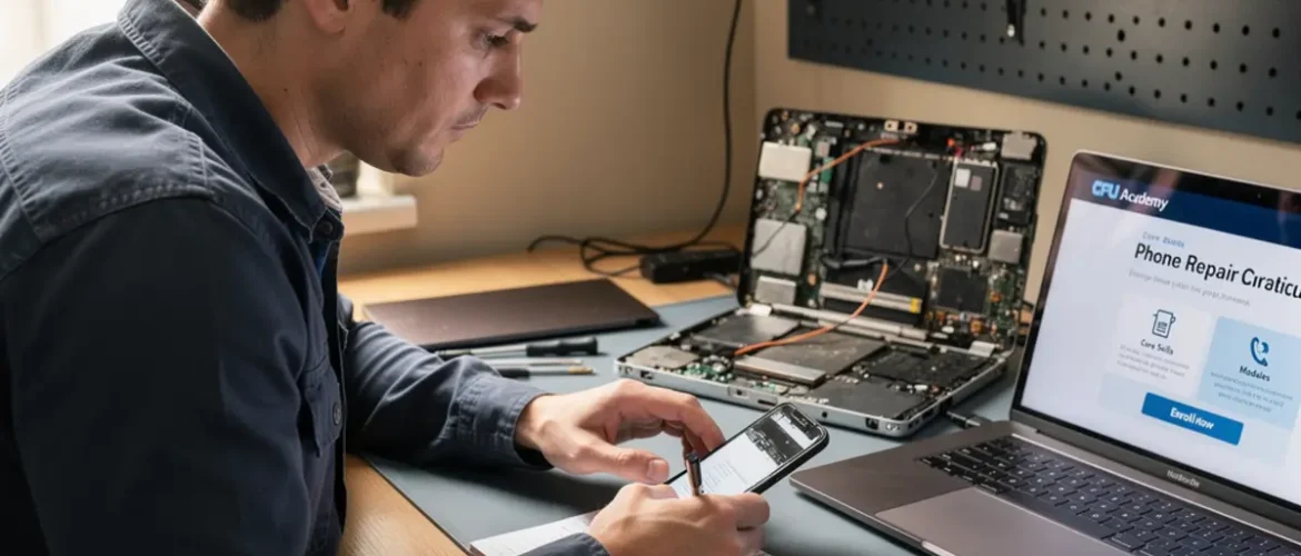 Small phone repair business scene illustrating mobile van vs storefront repair business: costs and roi with practical shop tools and business context