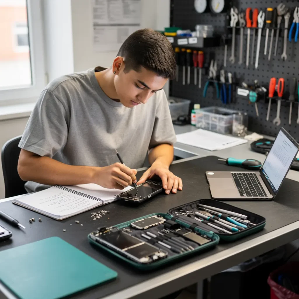 Phone repair training scene illustrating phone repair course with certificate: what you really get with real devices, tools, and hands-on learning context