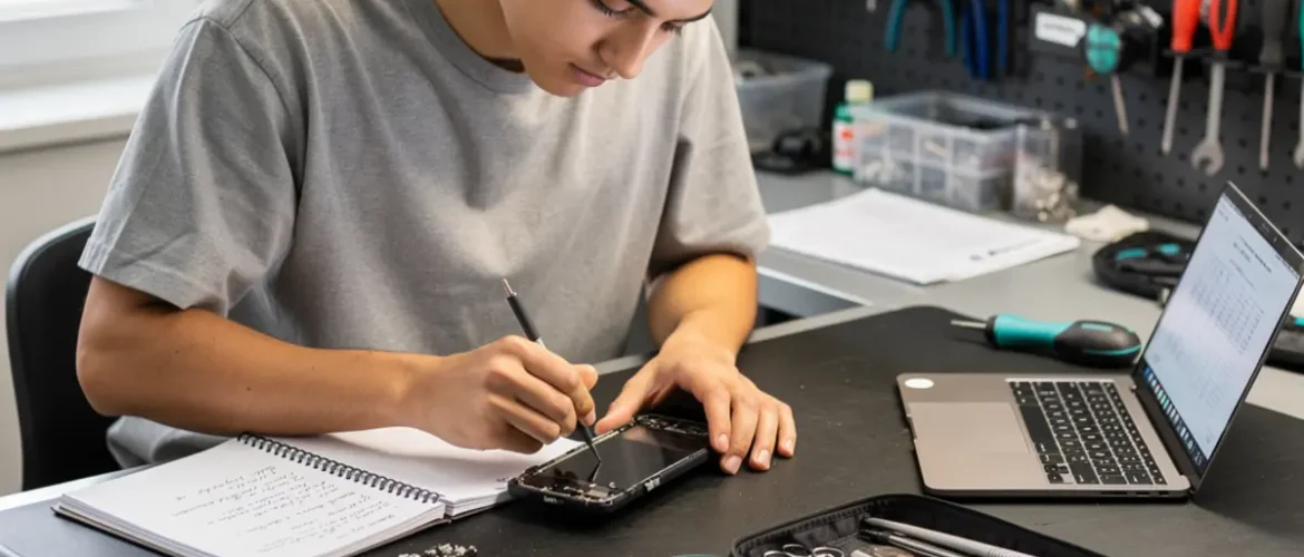 Phone repair training scene illustrating phone repair course with certificate: what you really get with real devices, tools, and hands-on learning context