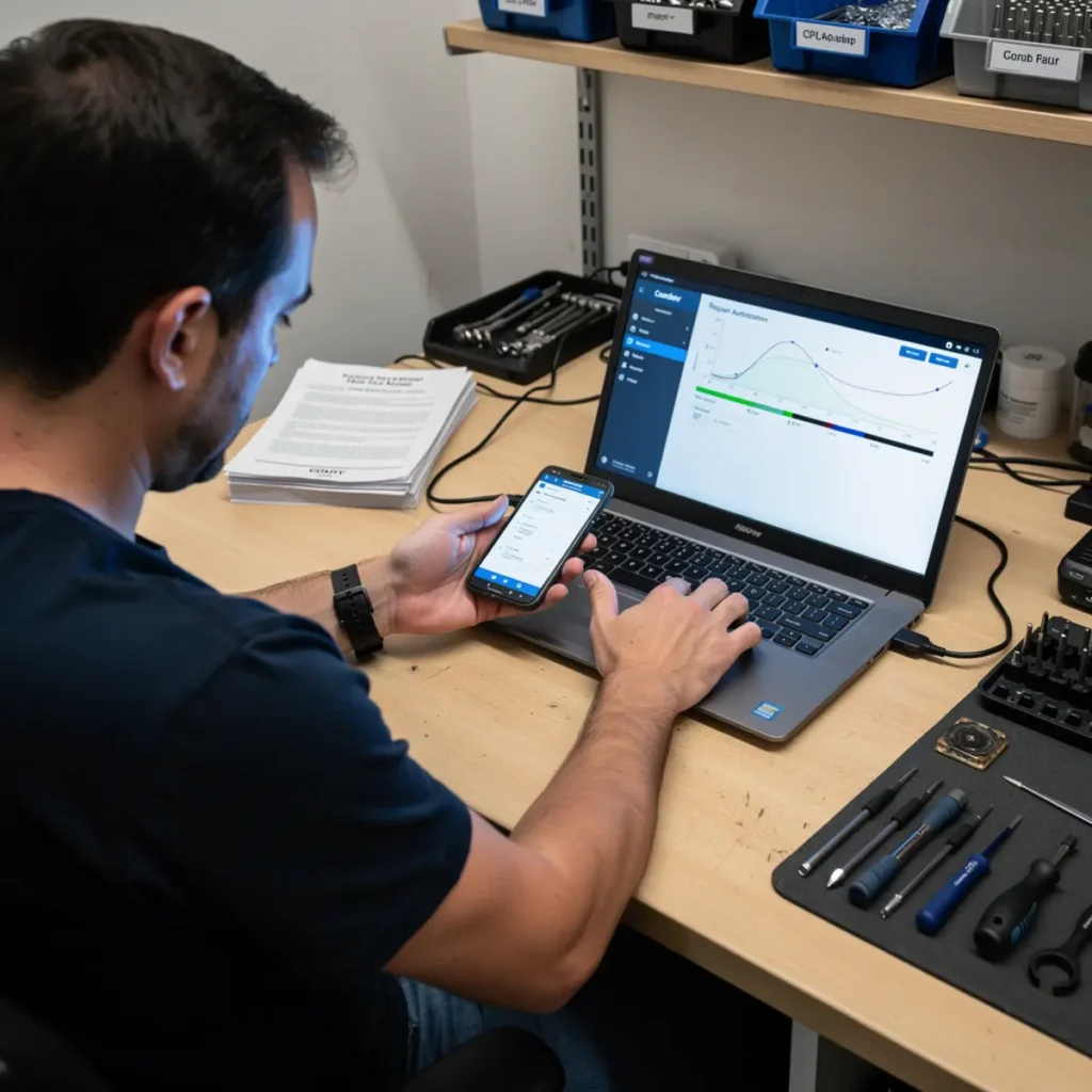 Software repair workstation showing mobile phone software course workflow with a connected smartphone and troubleshooting screen