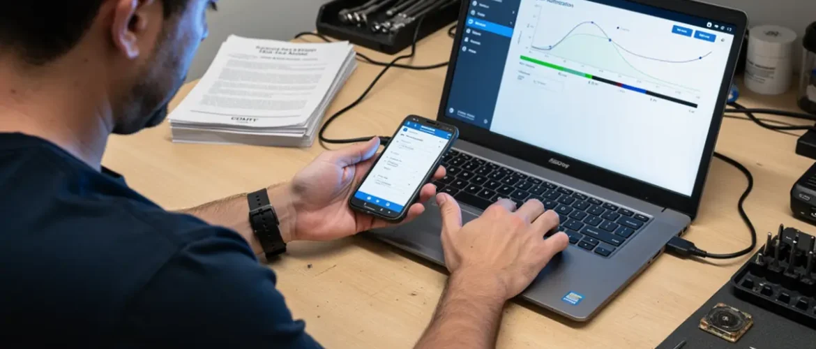 Software repair workstation showing mobile phone software course workflow with a connected smartphone and troubleshooting screen