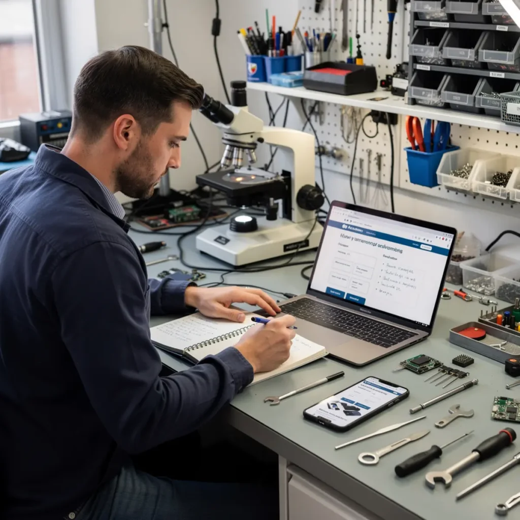 Technician performing micro soldering training under a microscope on a smartphone logic board at a real repair bench