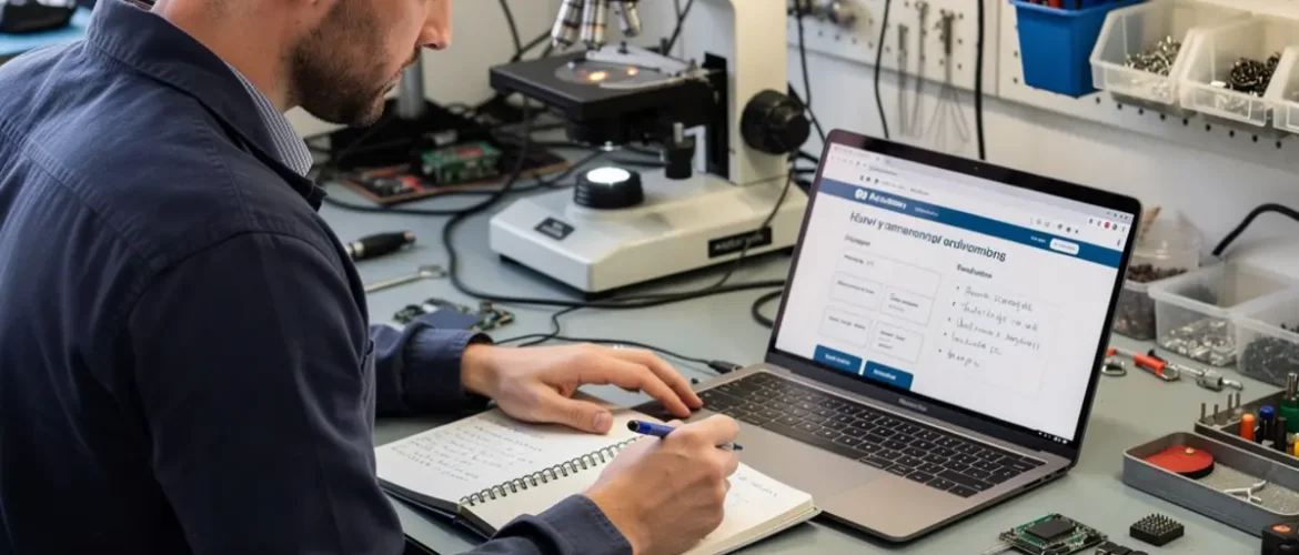 Technician performing micro soldering training under a microscope on a smartphone logic board at a real repair bench